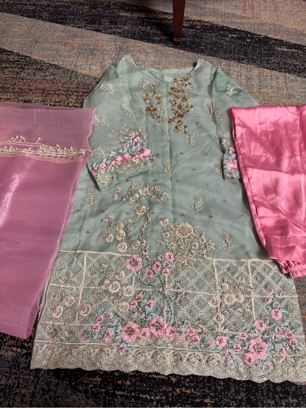 Elegant Mint and Pink Embroidered 3pcs Wedding Guest Outfit for Women